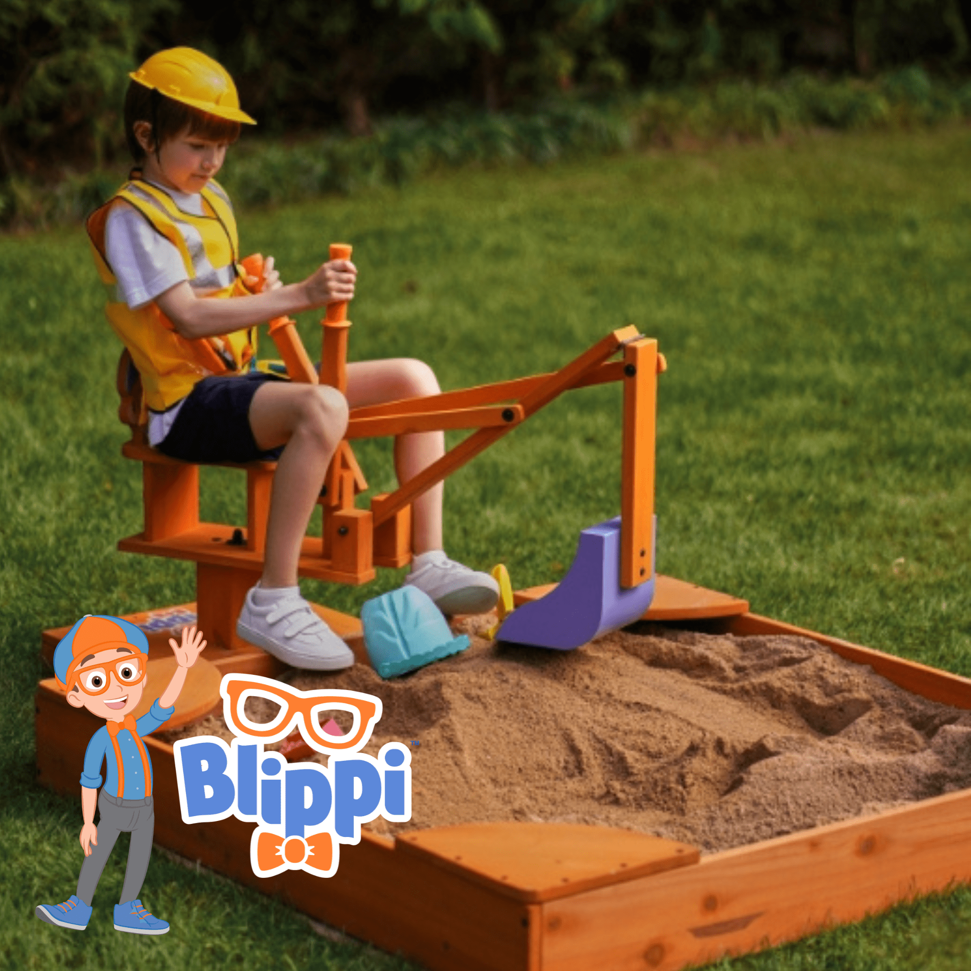 Blippi excavator wooden ride-on for pretend outdoor play
