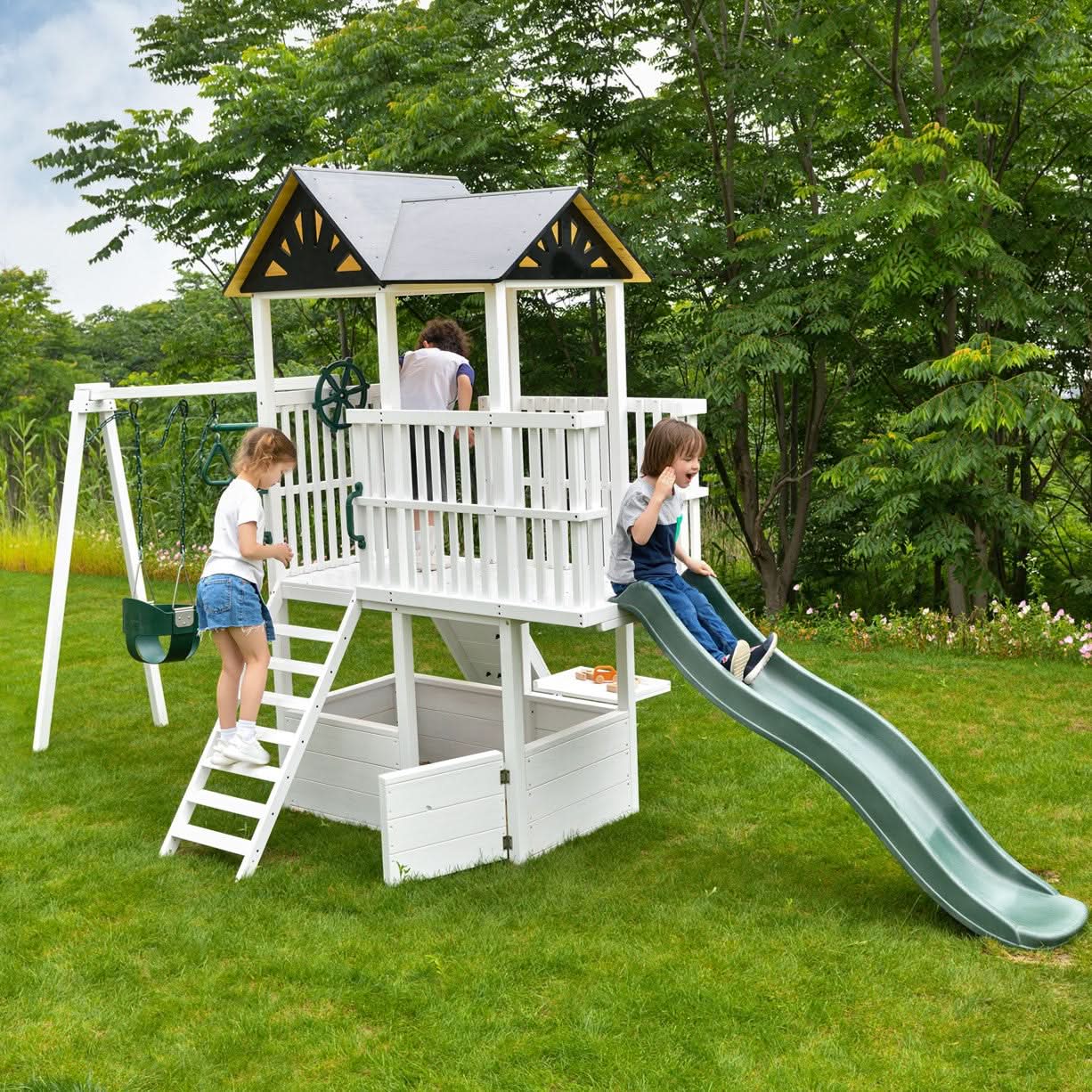 Craftsman - modern wooden backyard outdoor swing set - The Nurturing Nook