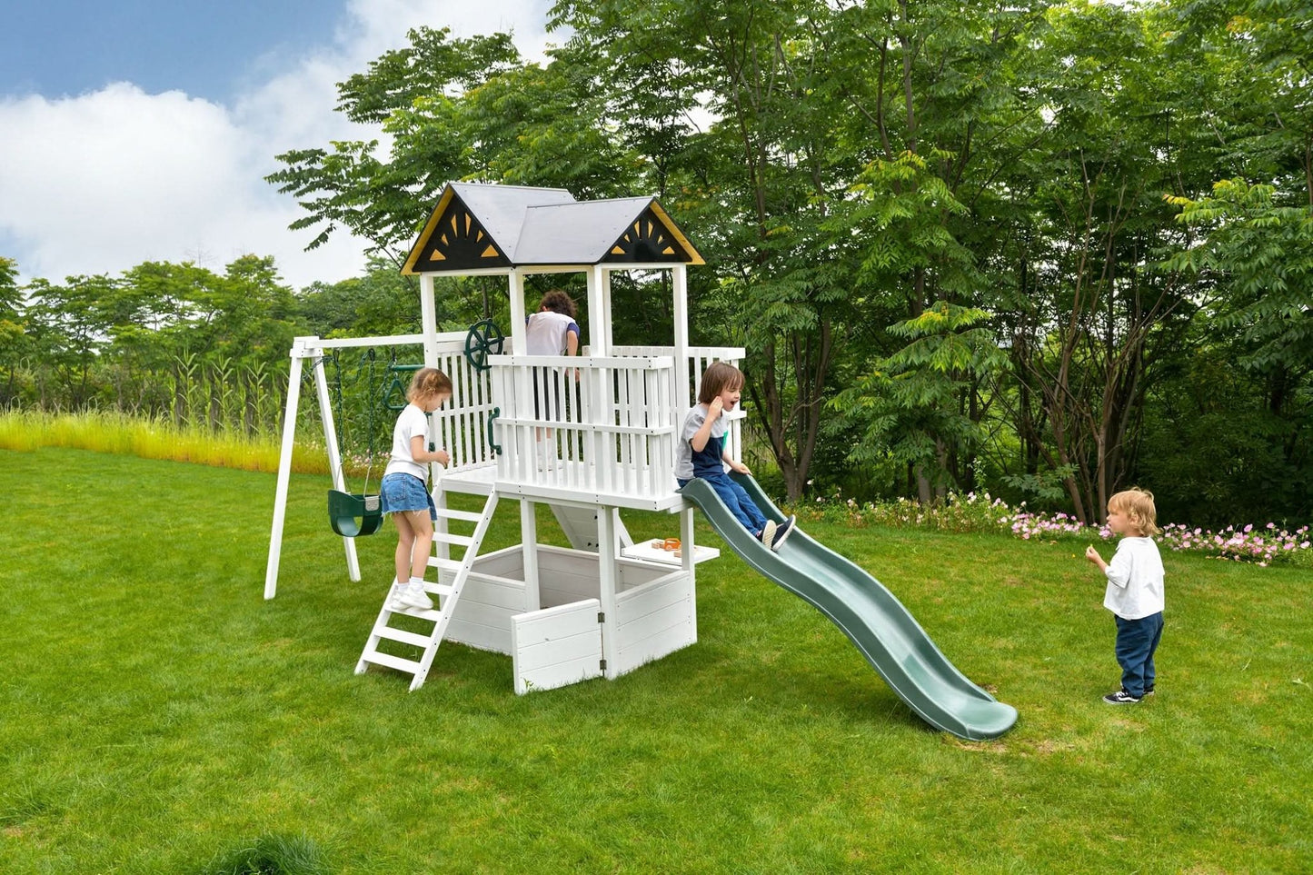 Craftsman - modern wooden backyard outdoor swing set - The Nurturing Nook