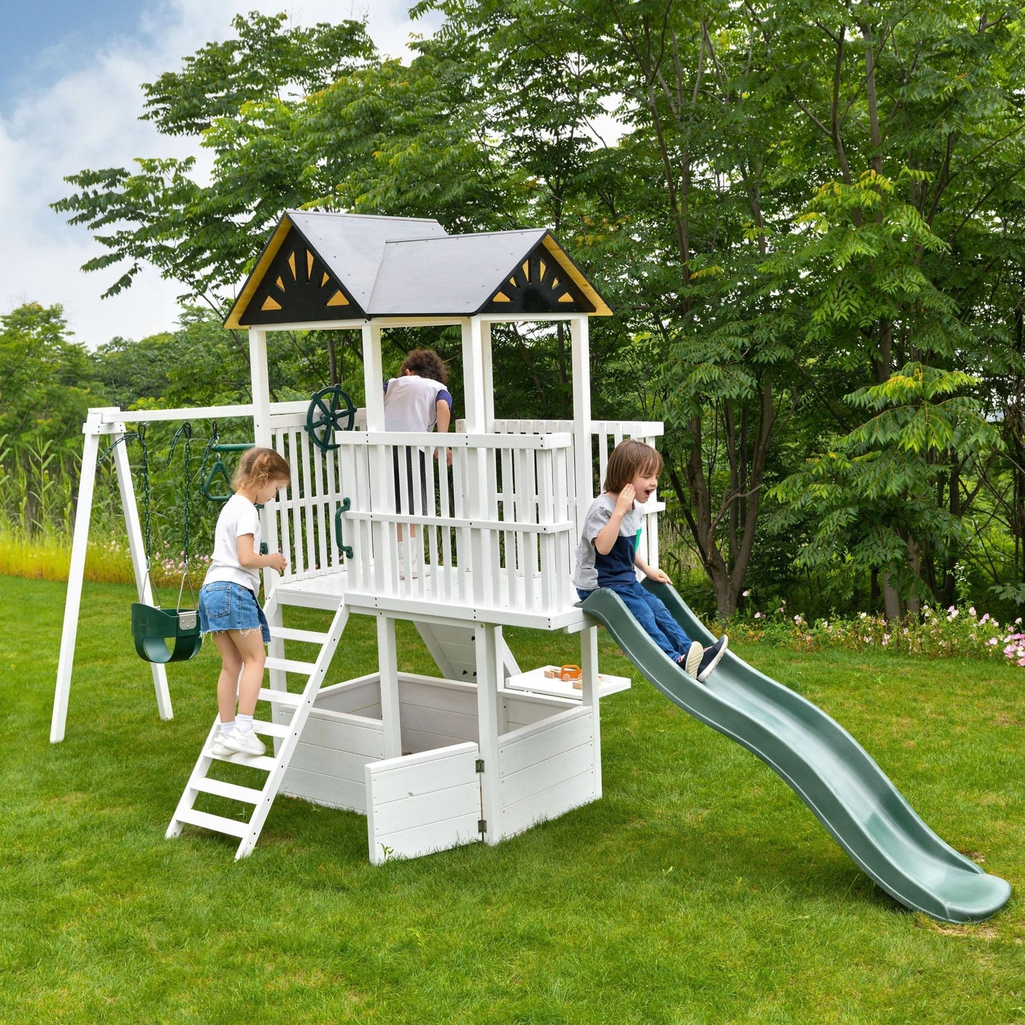 Craftsman - modern wooden backyard outdoor swing set - The Nurturing Nook