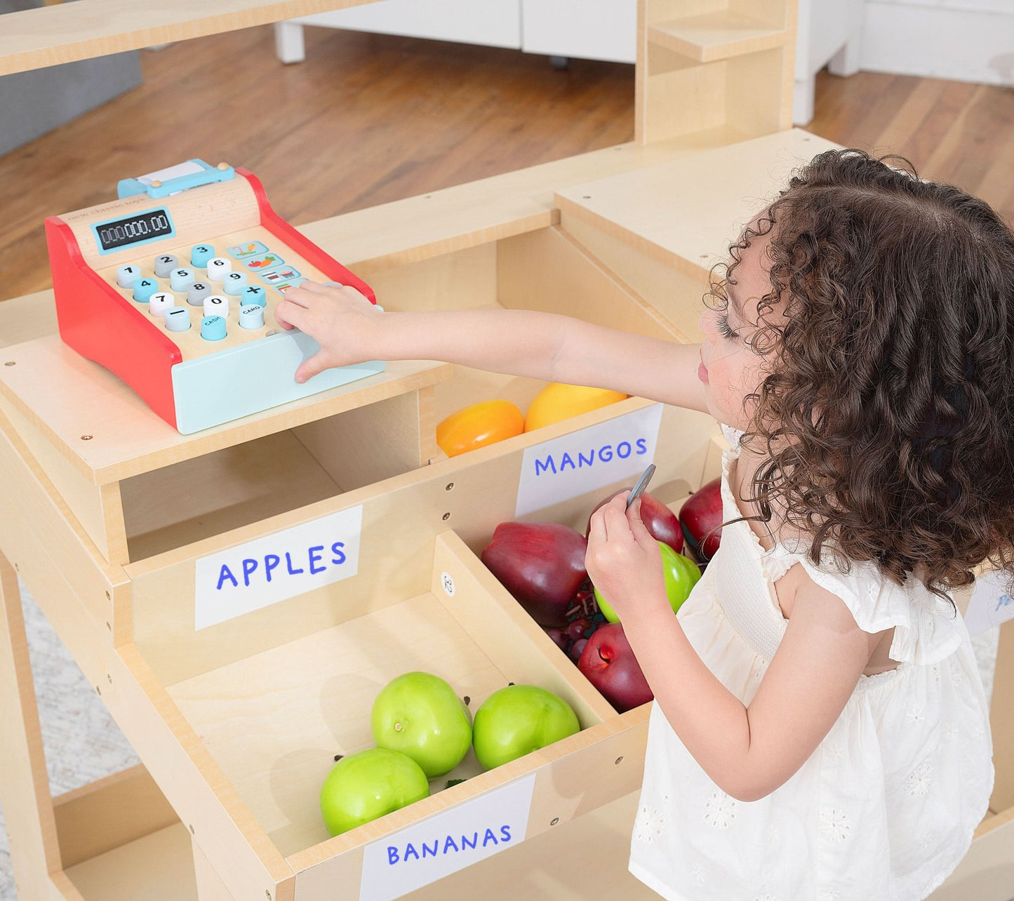 Cypress wooden market stand for pretend play - The Nurturing Nook