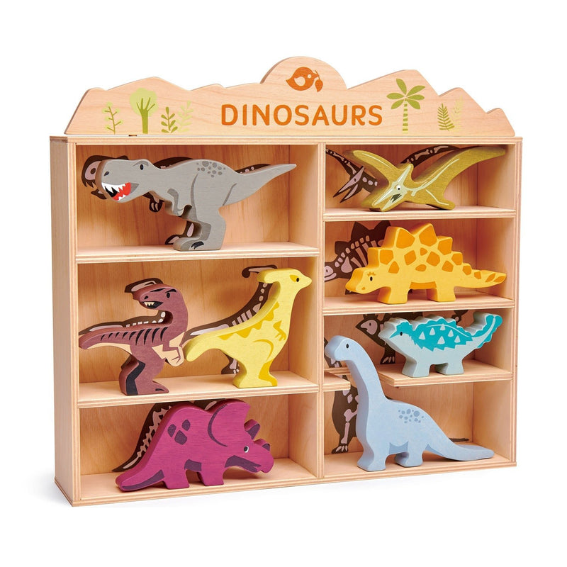Tender Leaf dinosaur figurines with wooden display shelf