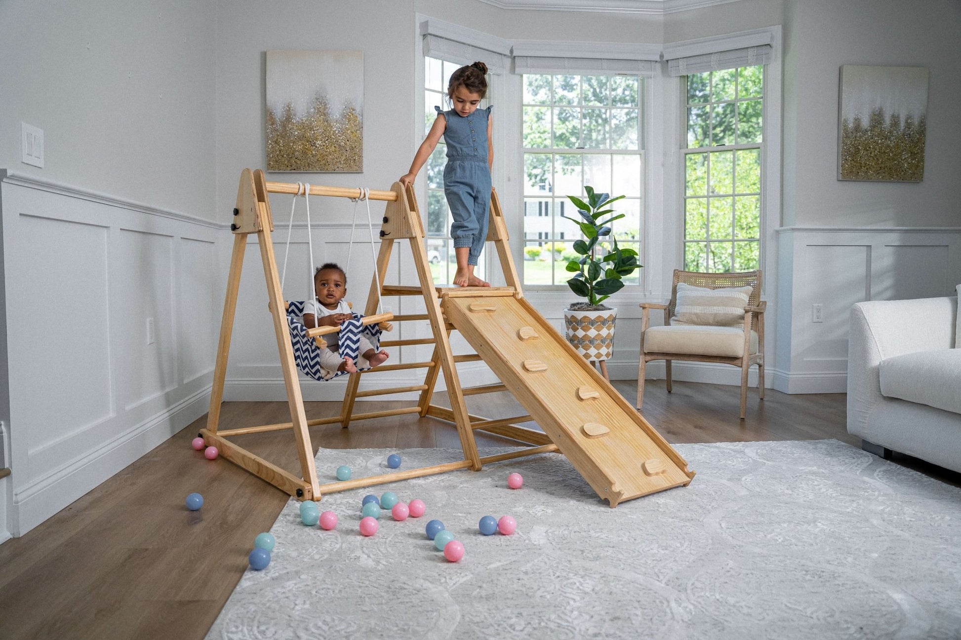Foldable playset with slide, swings & rock wall - The Nurturing Nook