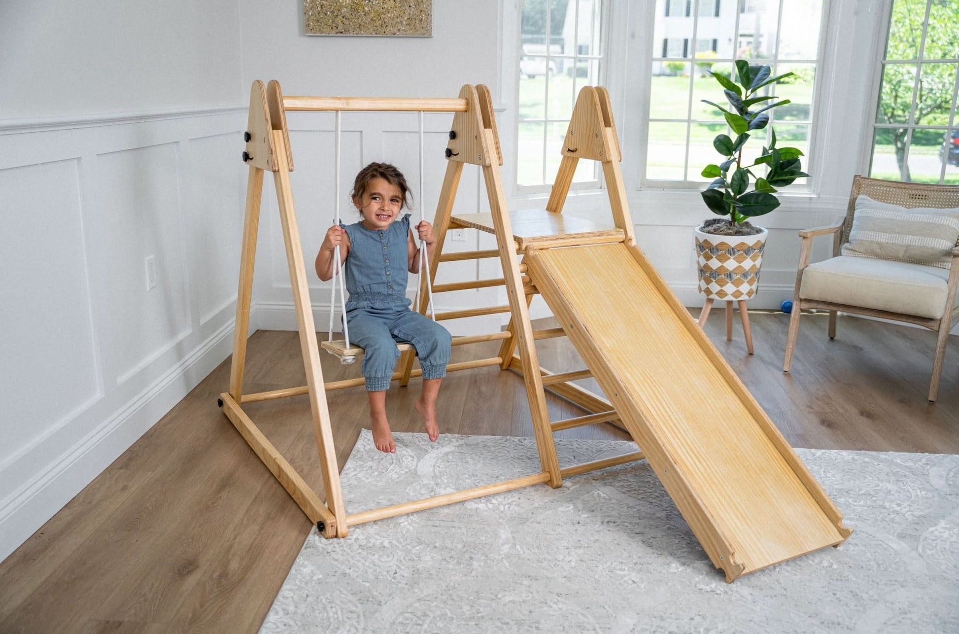 Foldable playset with slide, swings & rock wall - The Nurturing Nook