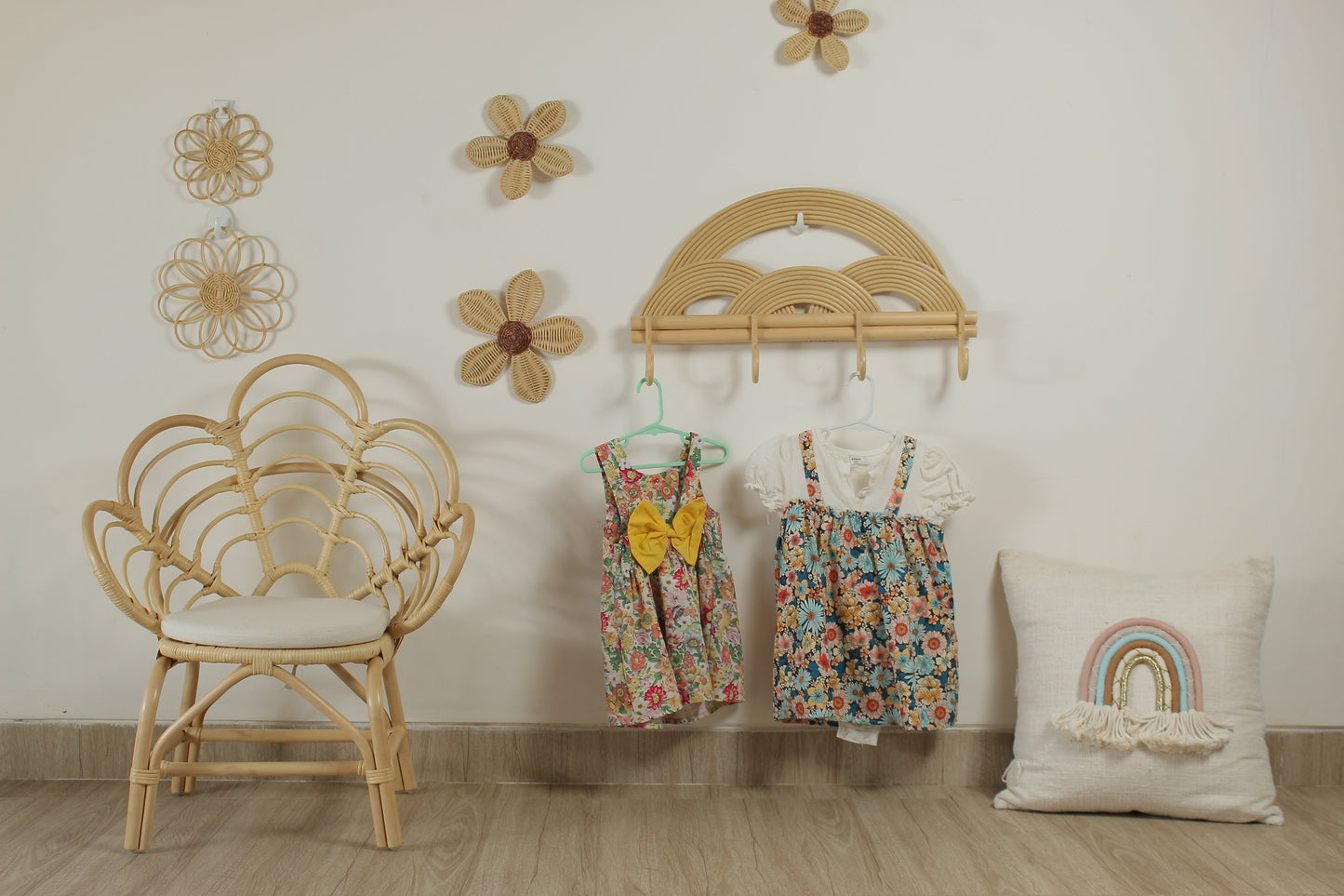 Montessori Rainbow Wall Hanger | Rattan Wall Rack | Boho Nursery Wall Hooks for Kids