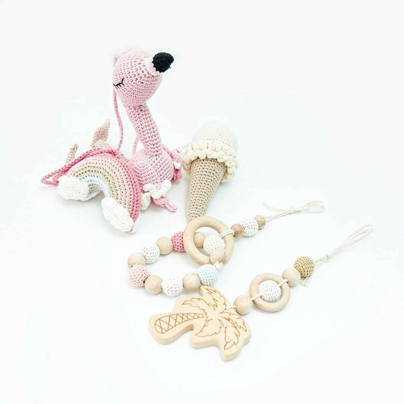 Handmade crochet toys for baby gym | flamingo dreams