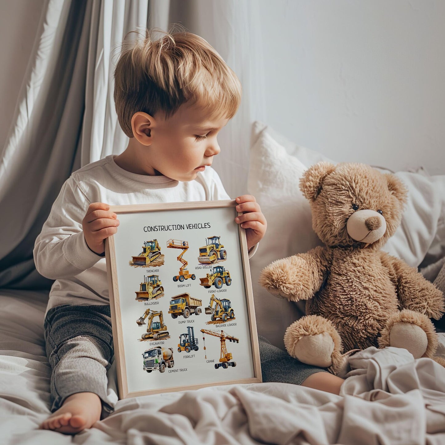 Construction Vehicles Poster - Educational Trucks Wall Art for Toddler Playroom, Montessori Classroom & Nursery | Digital Download