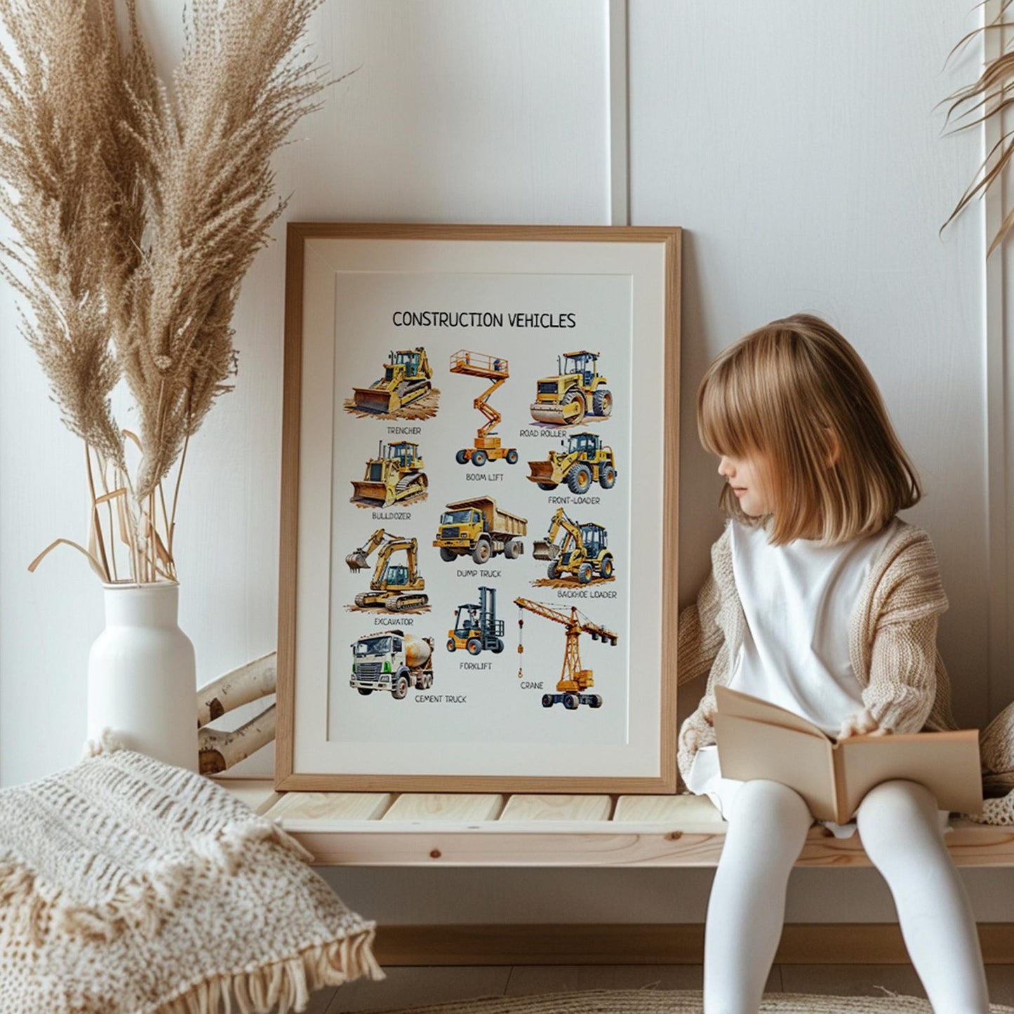 Construction Vehicles Poster - Educational Trucks Wall Art for Toddler Playroom, Montessori Classroom & Nursery | Digital Download
