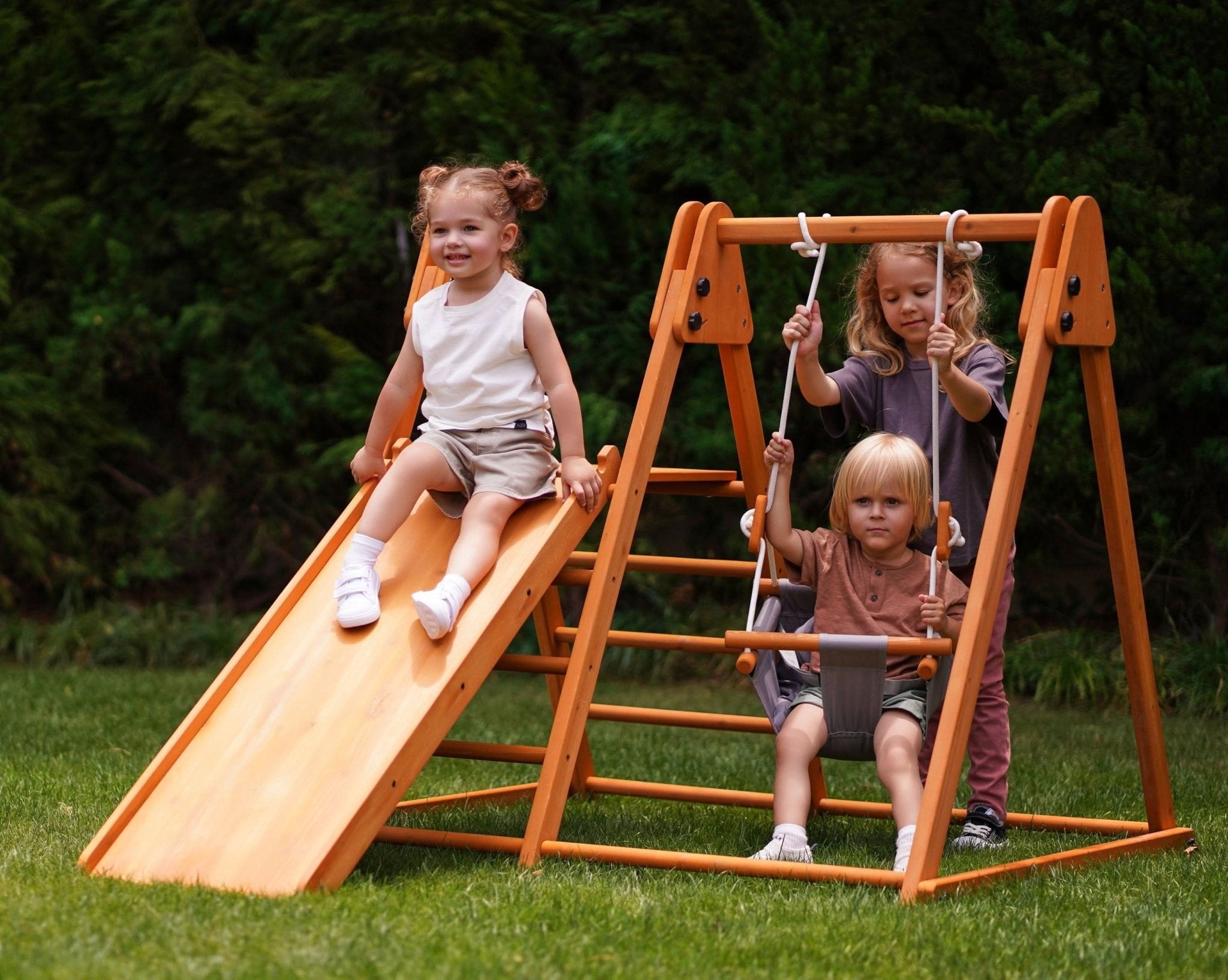 4-in-1 wooden indoor - outdoor playset with swings and slide