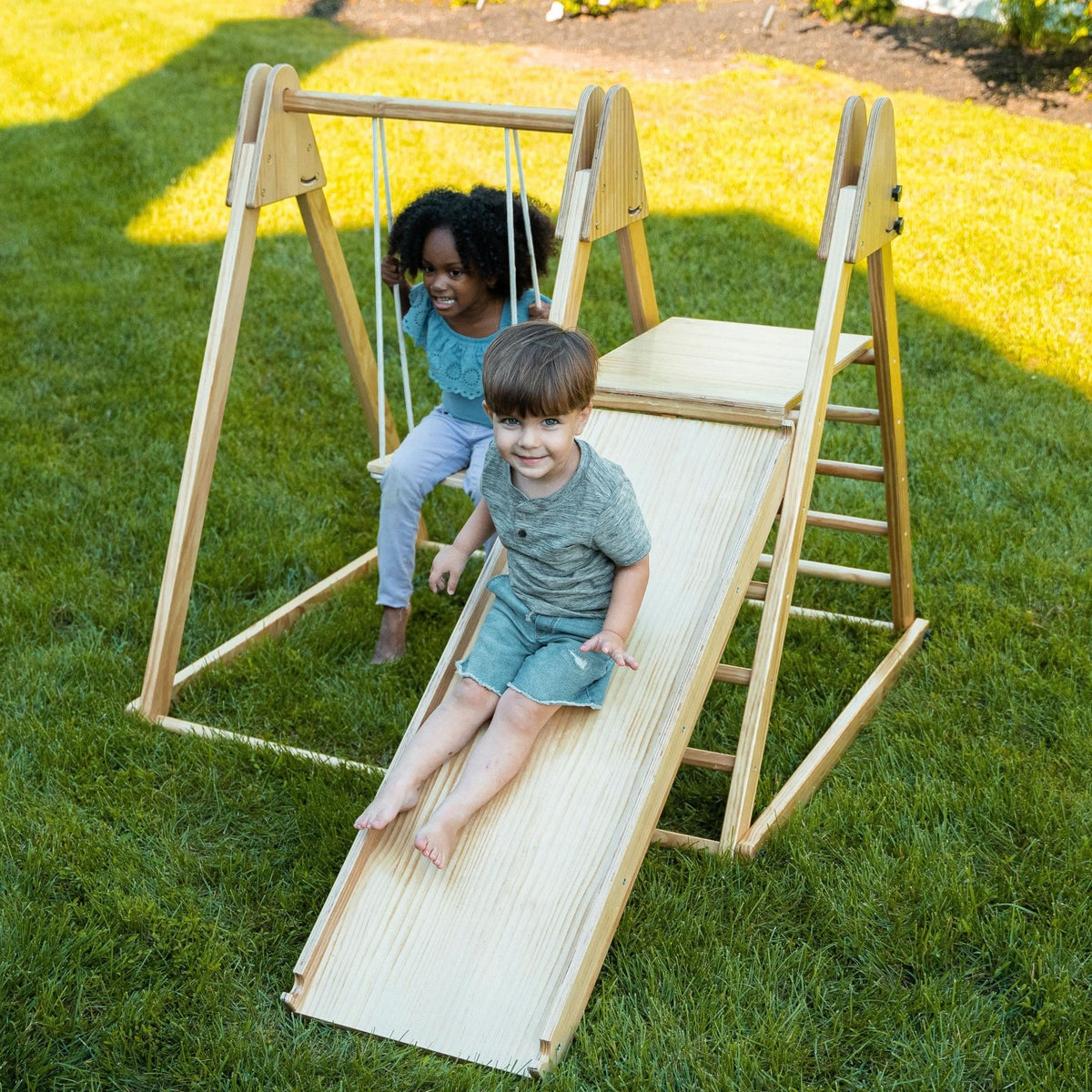 4-in-1 wooden indoor - outdoor playset with swings and slide