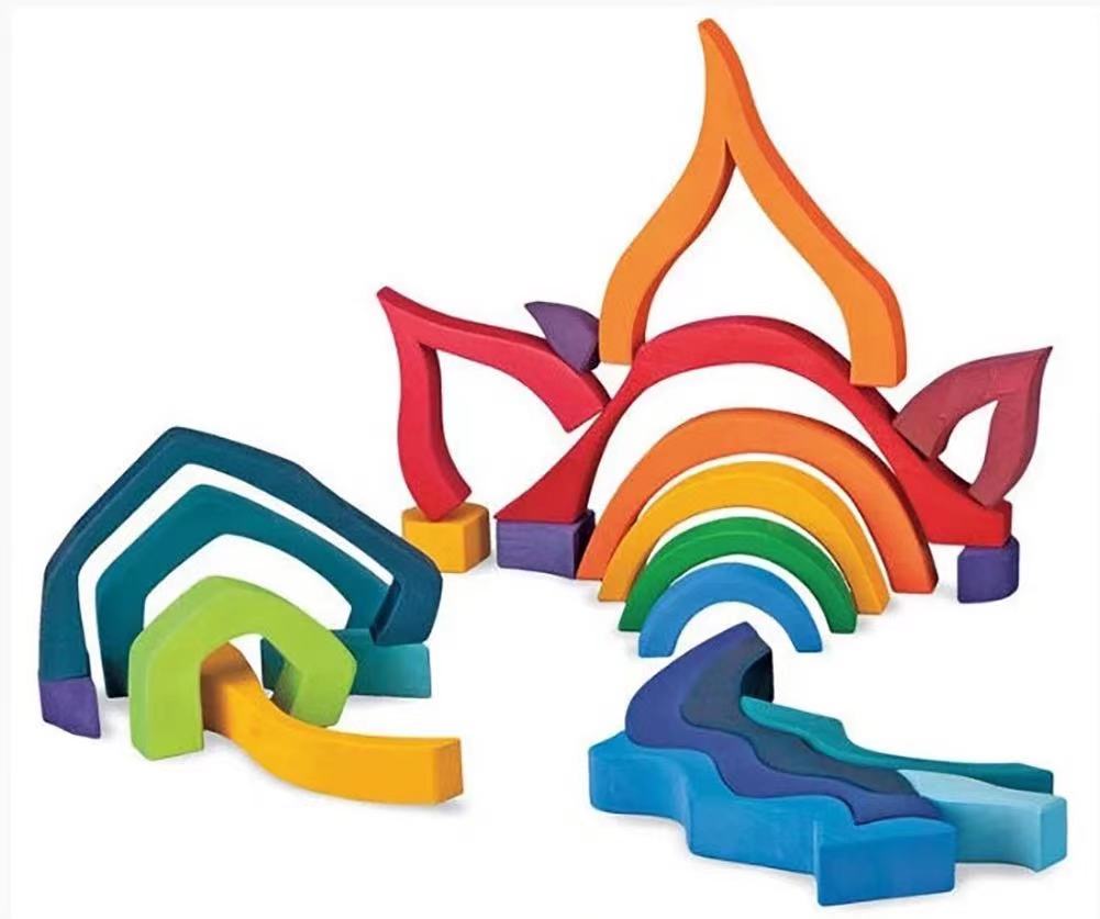 Large STAINED Four Elements Wooden Stacking Puzzles Building Blocks - The Nurturing Nook