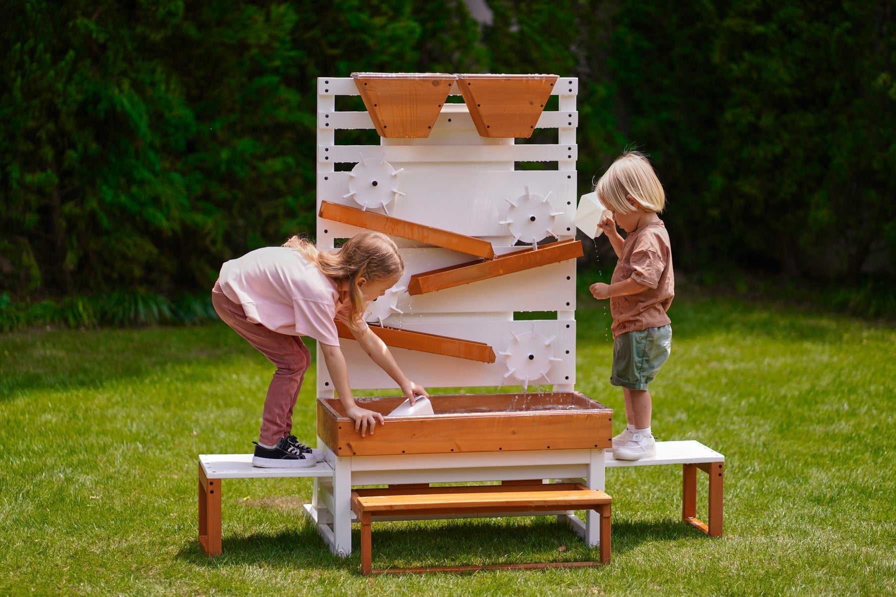 Large wooden water table – play station with water wheels - The Nurturing Nook