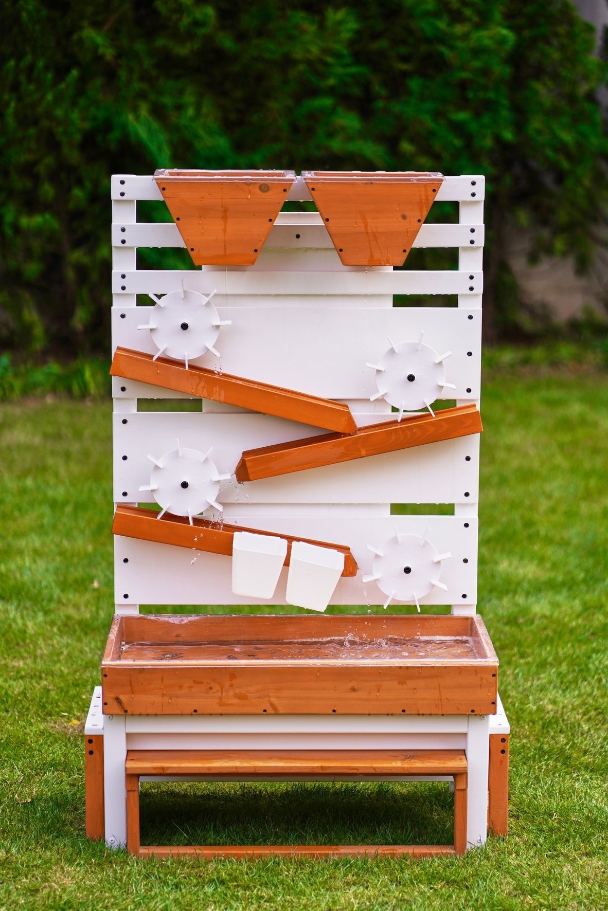 Large wooden water table – play station with water wheels - The Nurturing Nook