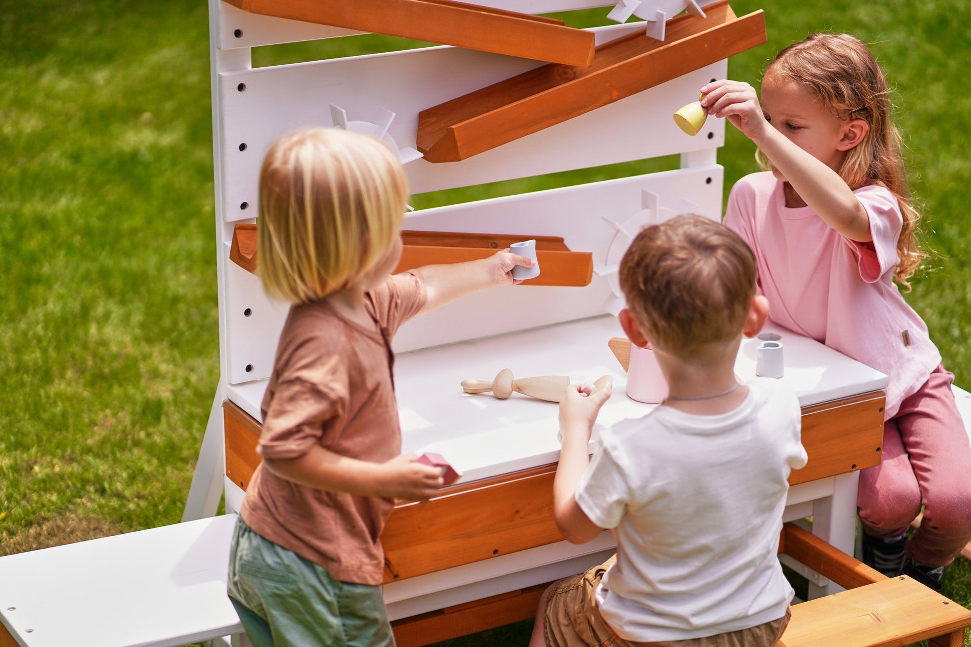 Large wooden water table – play station with water wheels - The Nurturing Nook
