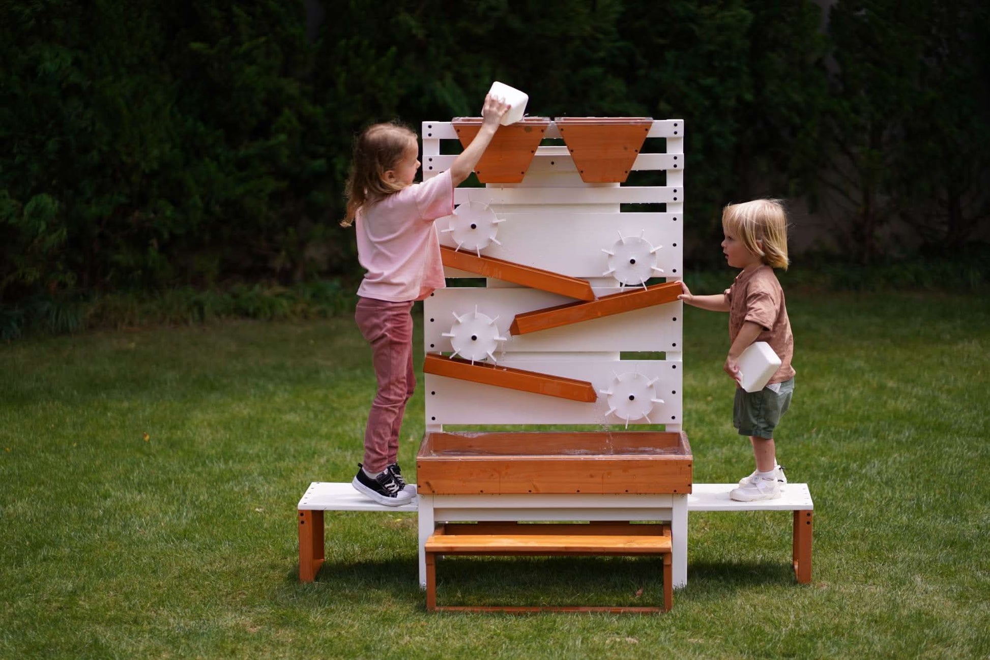 Large wooden water table – play station with water wheels - The Nurturing Nook