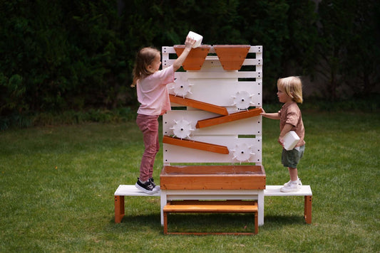 Large wooden water table – play station with water wheels - The Nurturing Nook