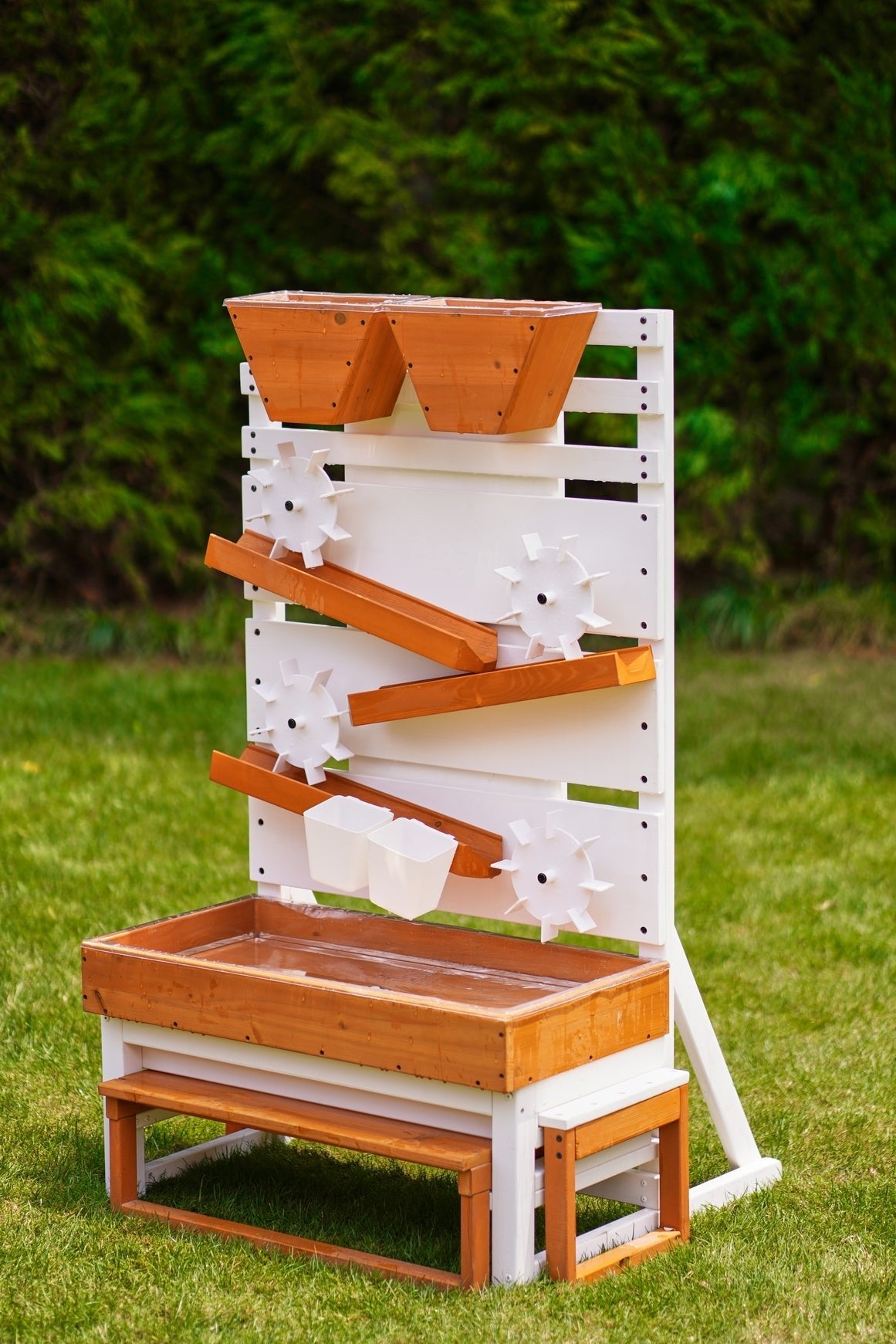 Large wooden water table – play station with water wheels - The Nurturing Nook
