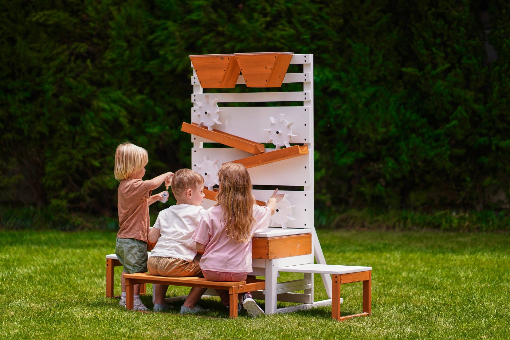 Large wooden water table – play station with water wheels - The Nurturing Nook