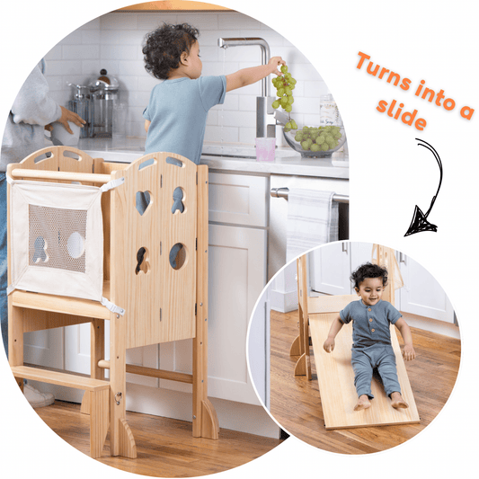 Laurel - 4 in 1 Foldable Kitchen Tower, Step Stool, Chalkboard and Slide - The Nurturing Nook