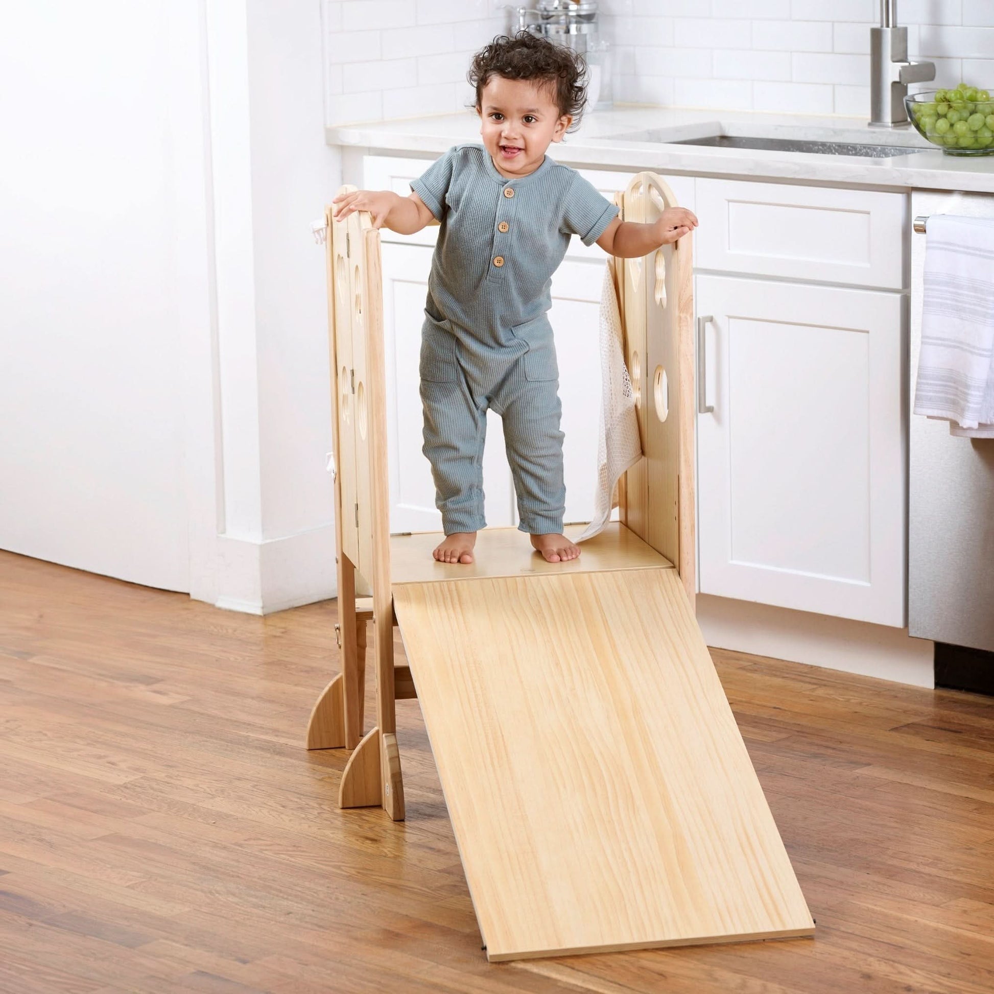 Laurel - 4 in 1 Foldable Kitchen Tower, Step Stool, Chalkboard and Slide - The Nurturing Nook