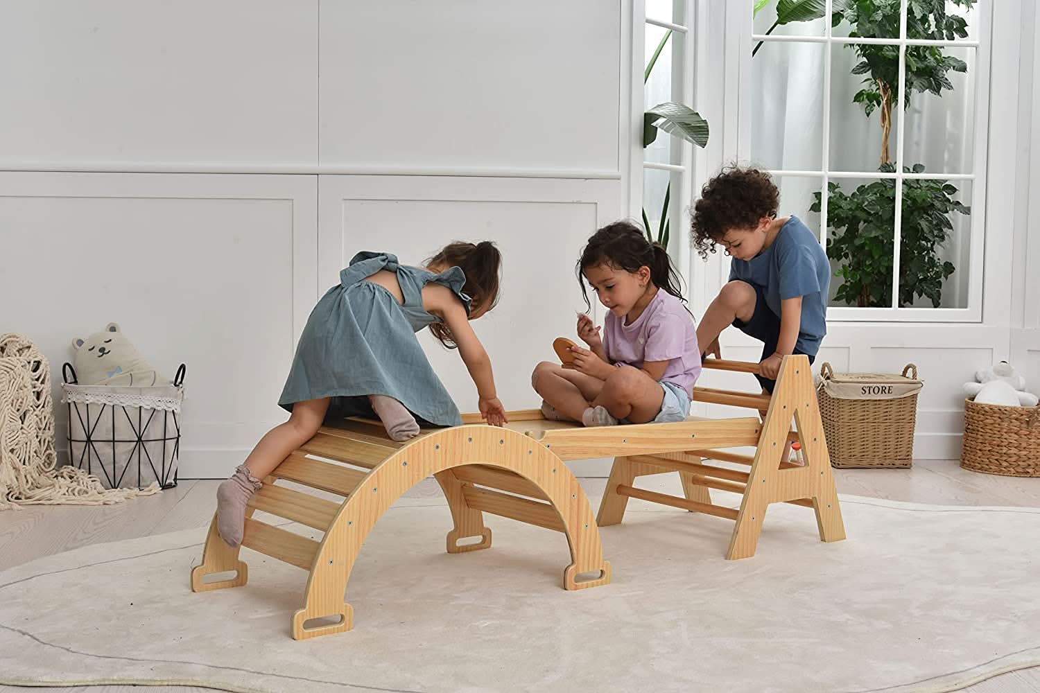 Maple - Wood Small Triangle Climbing Set with Ladder Slide and Rocker - The Nurturing Nook