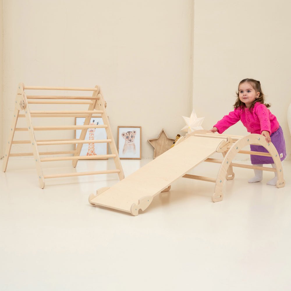 Montessori climbing set – foldable triangle, arch & rocker board (3 - piece set) - The Nurturing Nook