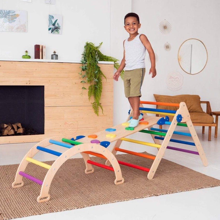 Montessori climbing set – foldable triangle, arch & rocker board (3 - piece set) - The Nurturing Nook