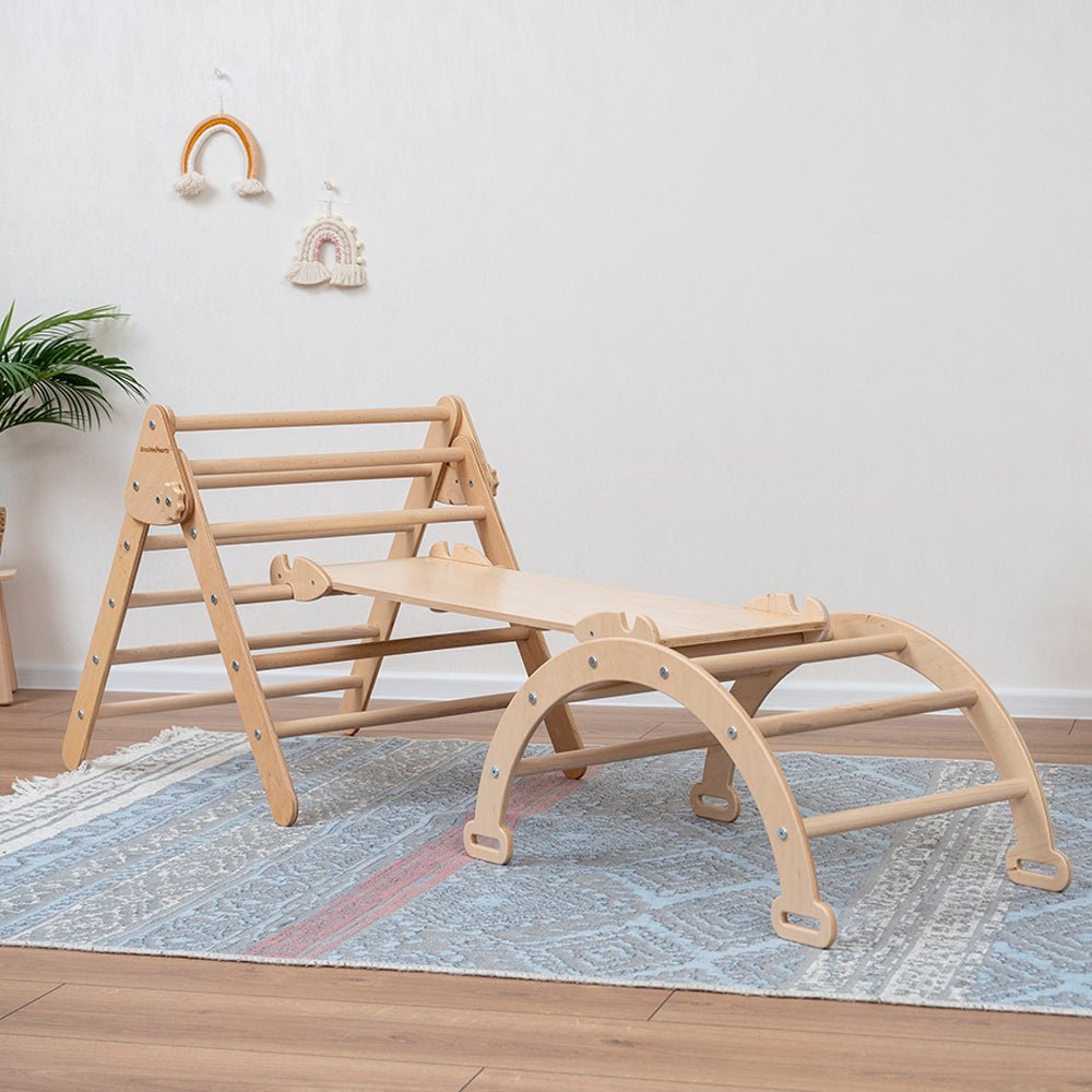 Montessori climbing set – foldable triangle, arch & rocker board (3 - piece set) - The Nurturing Nook