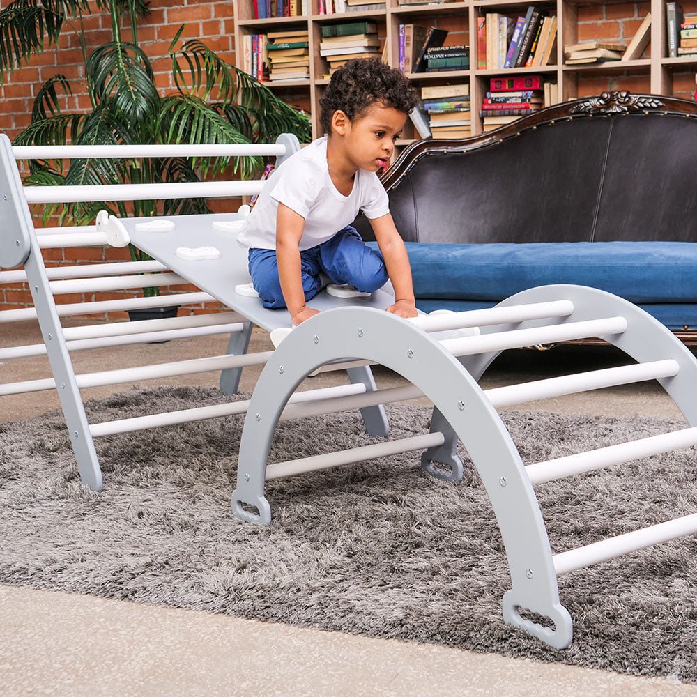 Montessori climbing set – foldable triangle, arch & rocker board (3 - piece set) - The Nurturing Nook