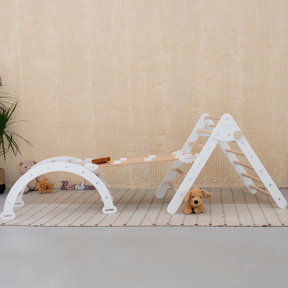 Montessori climbing set – foldable triangle, arch & rocker board (3 - piece set) - The Nurturing Nook