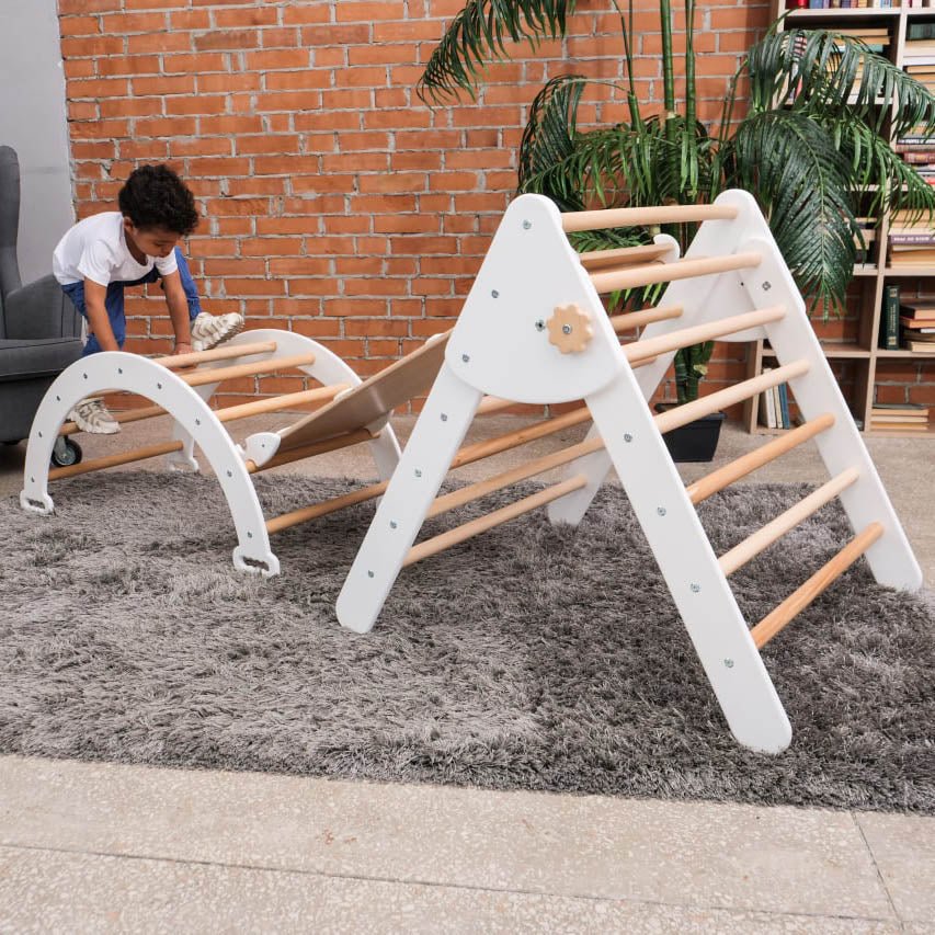 Montessori climbing set – foldable triangle, arch & rocker board (3 - piece set) - The Nurturing Nook