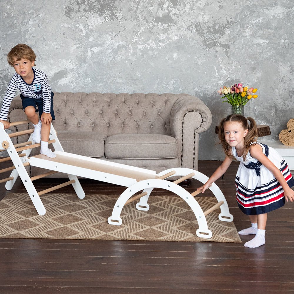 Montessori climbing set – foldable triangle, arch & rocker board (3 - piece set) - The Nurturing Nook