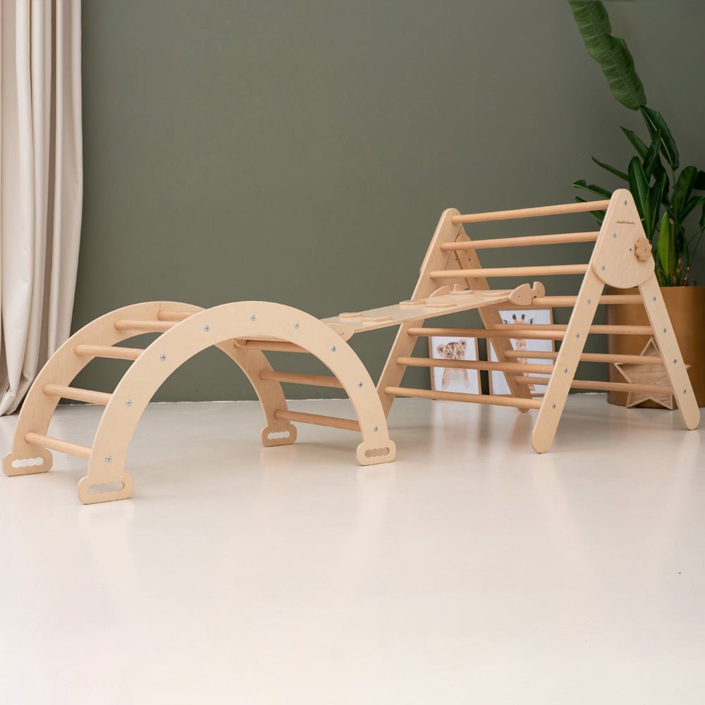 Montessori climbing set – foldable triangle, arch & rocker board (3 - piece set) - The Nurturing Nook