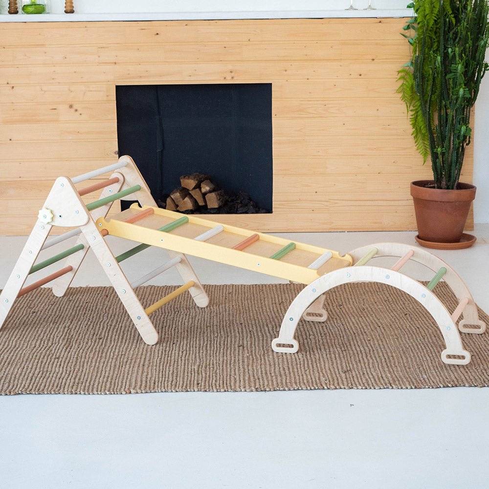 Montessori climbing set – foldable triangle, arch & rocker board (3 - piece set) - The Nurturing Nook