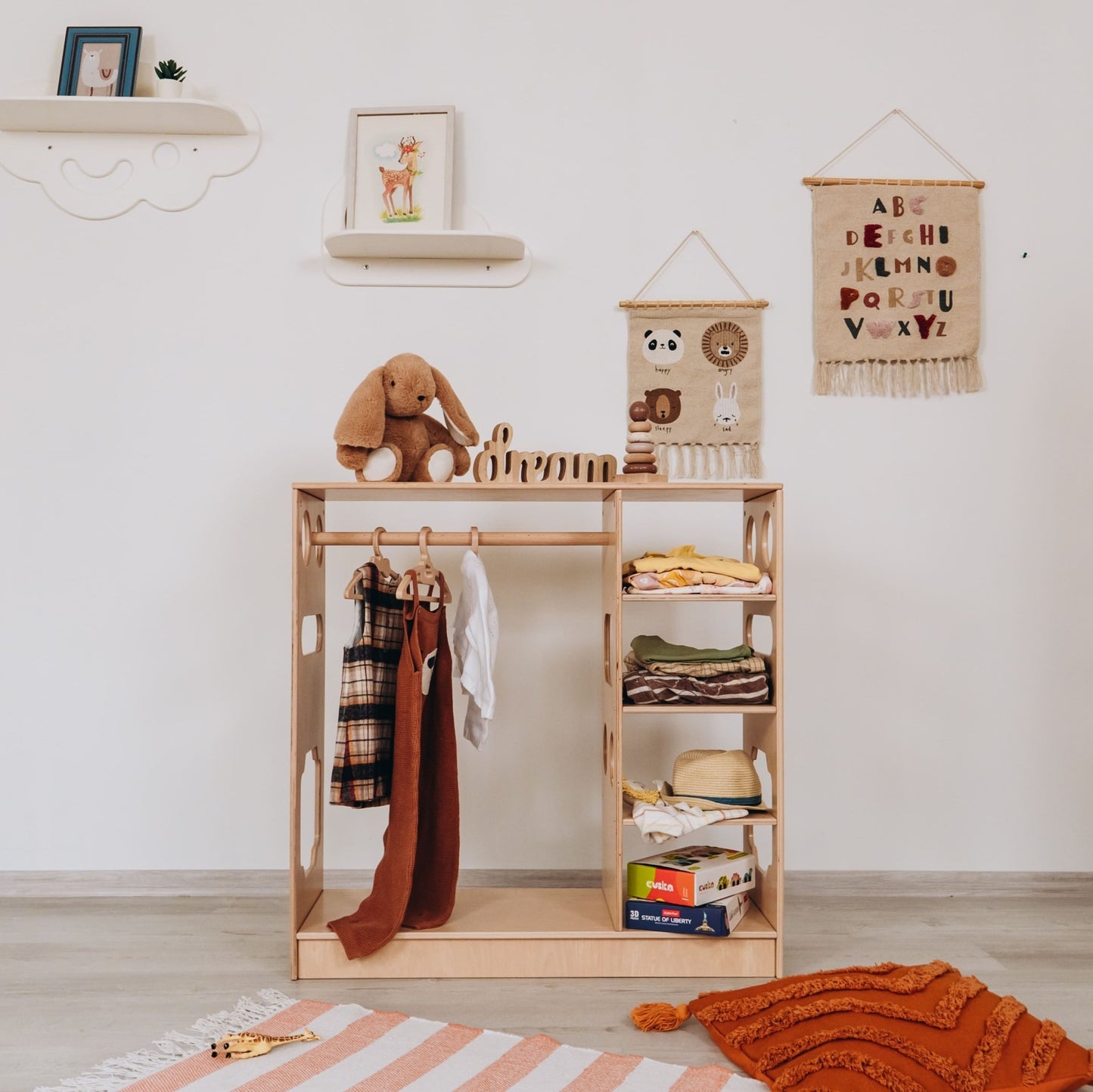 Montessori closet – 4 - shelf kids wardrobe with clothing rack - The Nurturing Nook