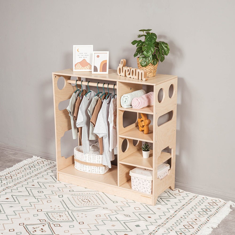 Montessori closet – 4 - shelf kids wardrobe with clothing rack - The Nurturing Nook