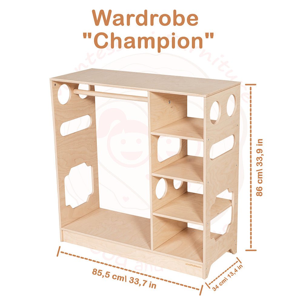 Montessori closet – 4 - shelf kids wardrobe with clothing rack - The Nurturing Nook