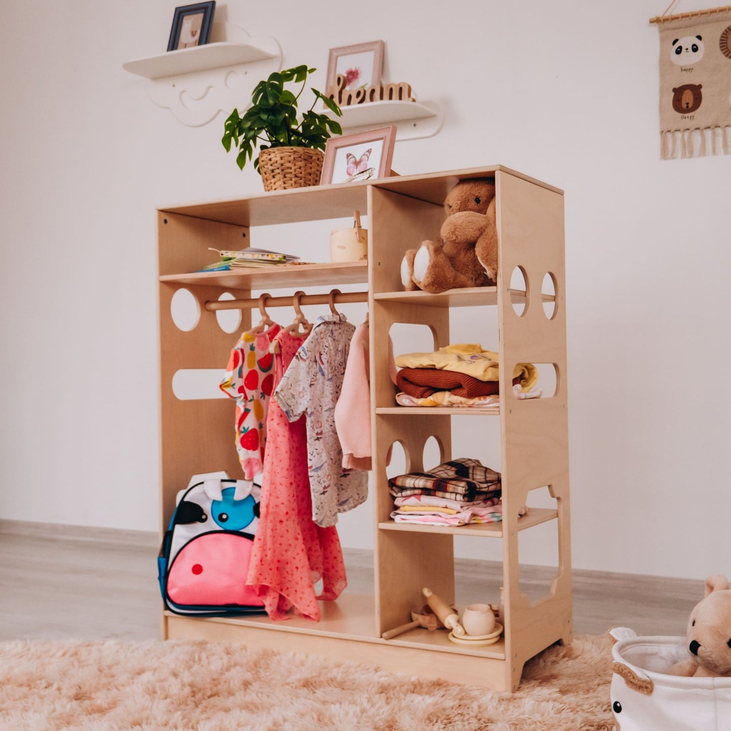 Montessori closet – 4 - shelf kids wardrobe with clothing rack - The Nurturing Nook