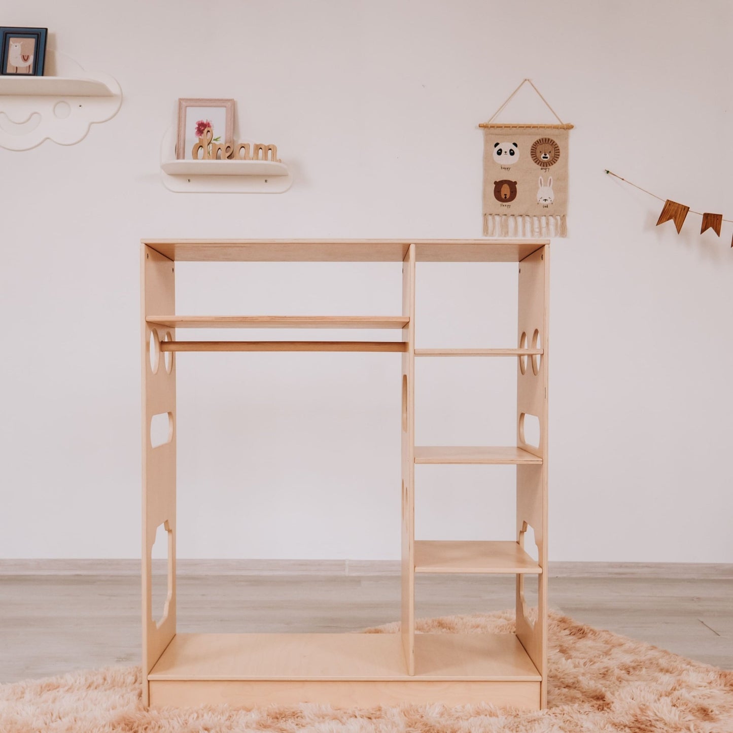 Montessori closet – 4 - shelf kids wardrobe with clothing rack - The Nurturing Nook