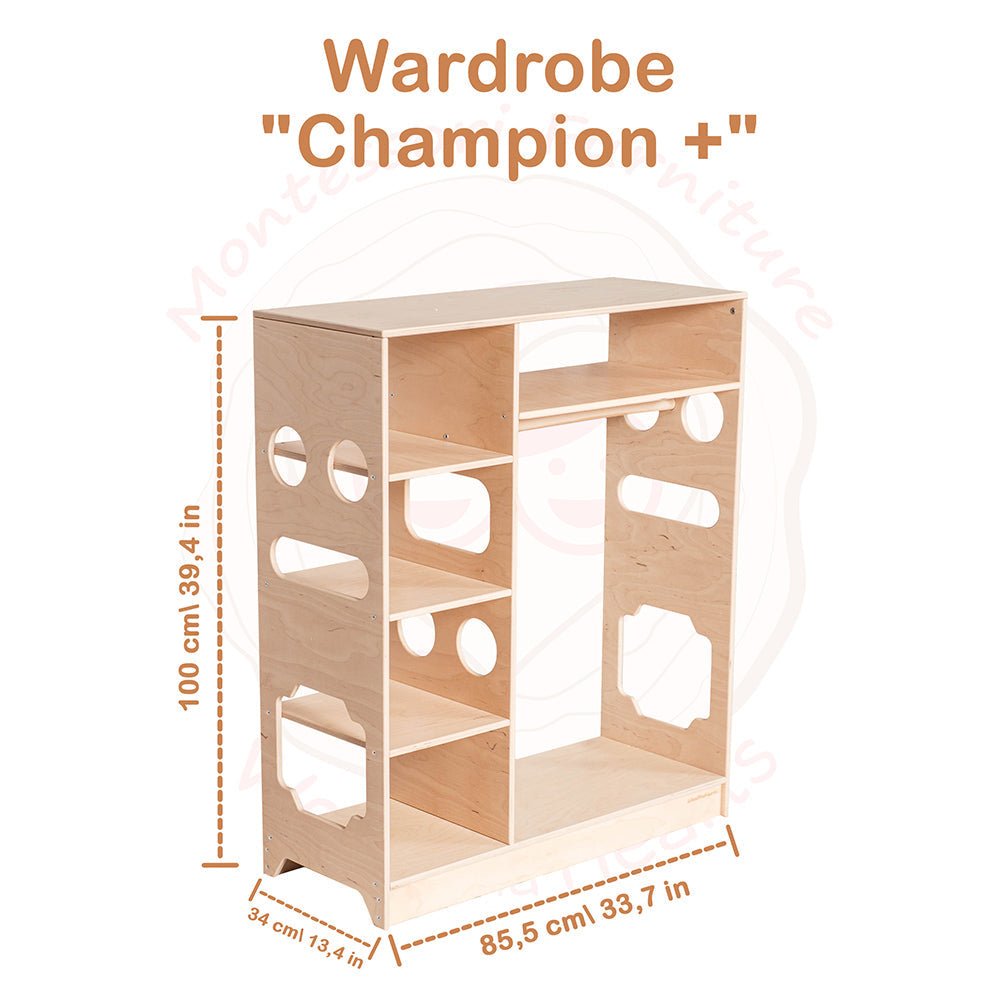 Montessori closet – 4 - shelf kids wardrobe with clothing rack - The Nurturing Nook