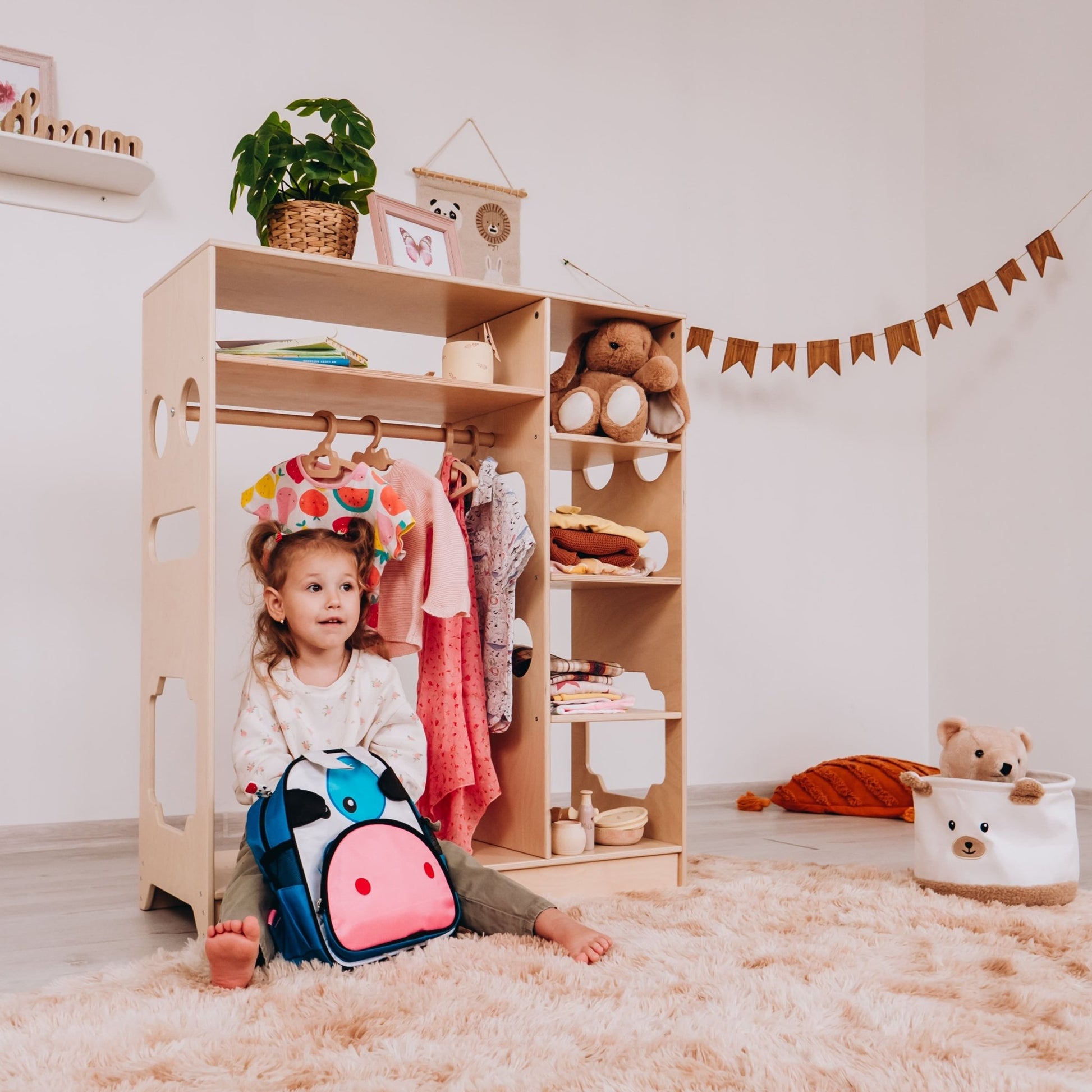 Montessori closet – 4 - shelf kids wardrobe with clothing rack - The Nurturing Nook