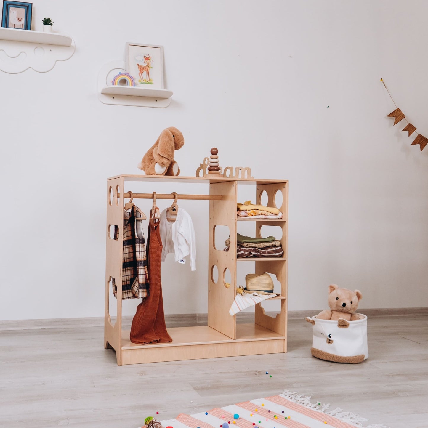Montessori closet – 4 - shelf kids wardrobe with clothing rack - The Nurturing Nook