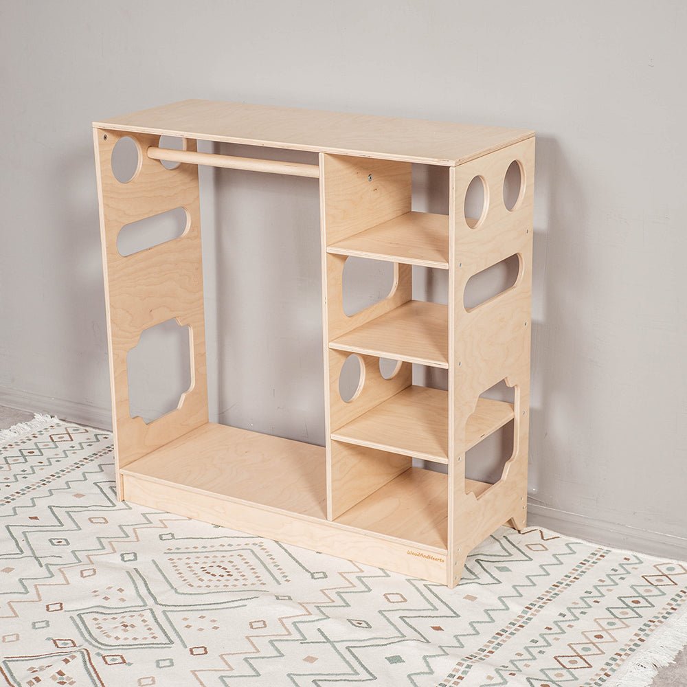 Montessori closet – 4 - shelf kids wardrobe with clothing rack - The Nurturing Nook