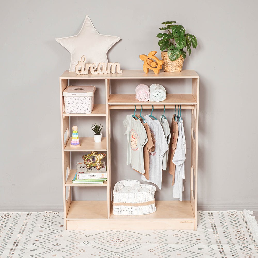 Montessori closet – 4 - shelf kids wardrobe with clothing rack - The Nurturing Nook
