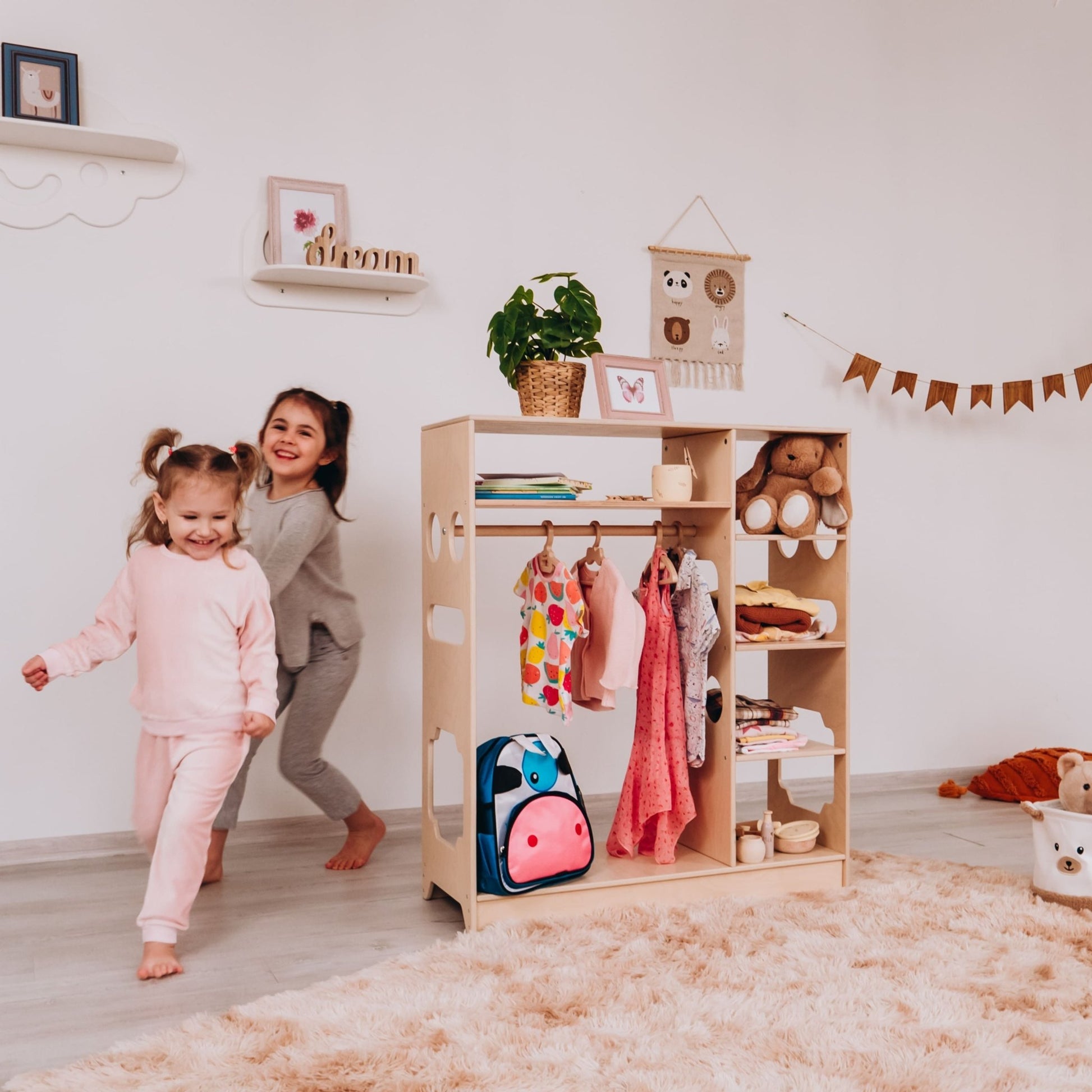 Montessori closet – 4 - shelf kids wardrobe with clothing rack - The Nurturing Nook