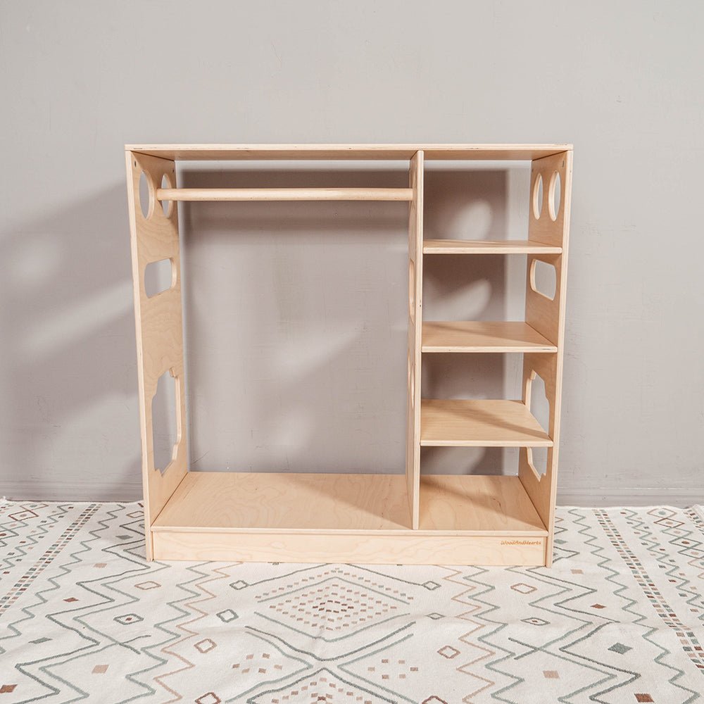 Montessori closet – 4 - shelf kids wardrobe with clothing rack - The Nurturing Nook