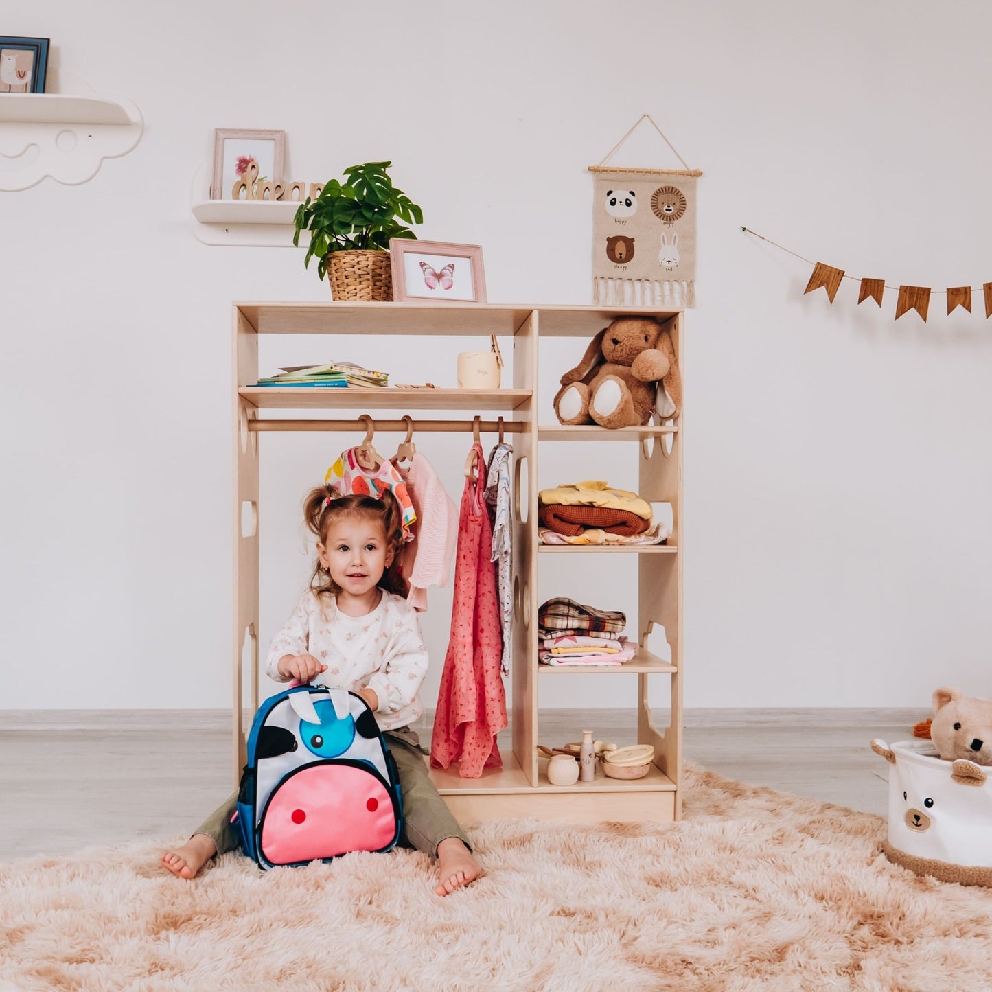 Montessori closet – 4 - shelf kids wardrobe with clothing rack - The Nurturing Nook