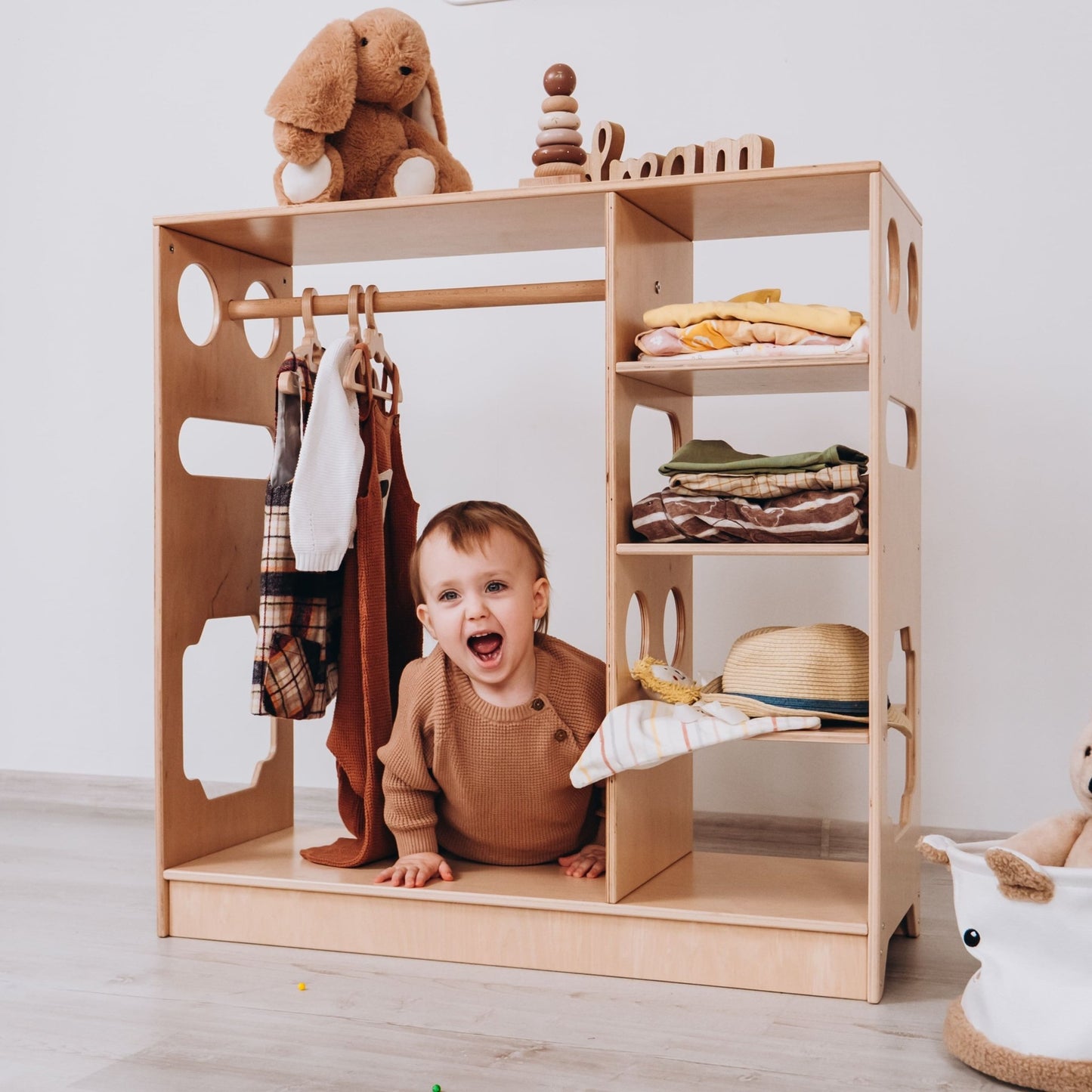 Montessori closet – 4 - shelf kids wardrobe with clothing rack - The Nurturing Nook