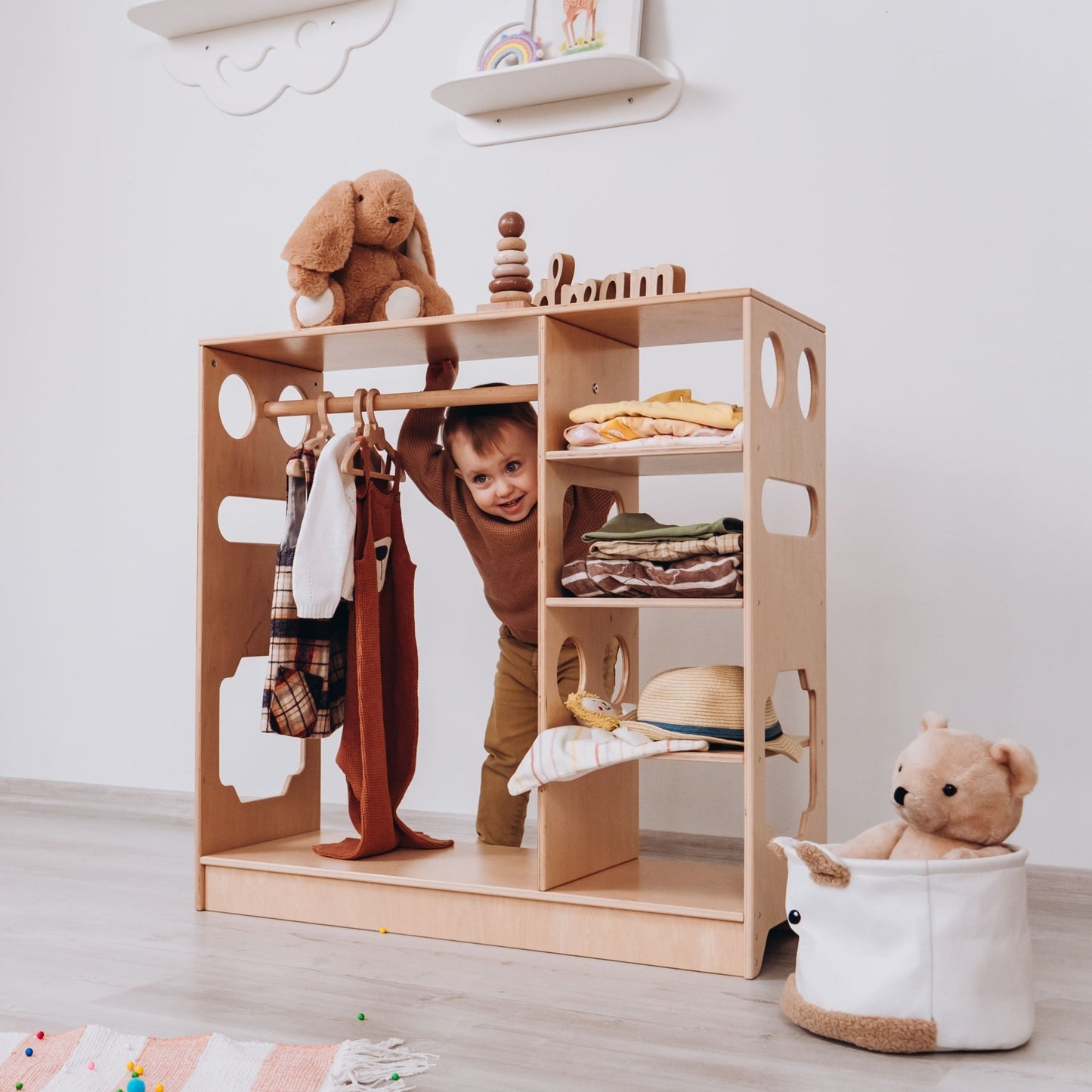 Montessori closet – 4 - shelf kids wardrobe with clothing rack - The Nurturing Nook