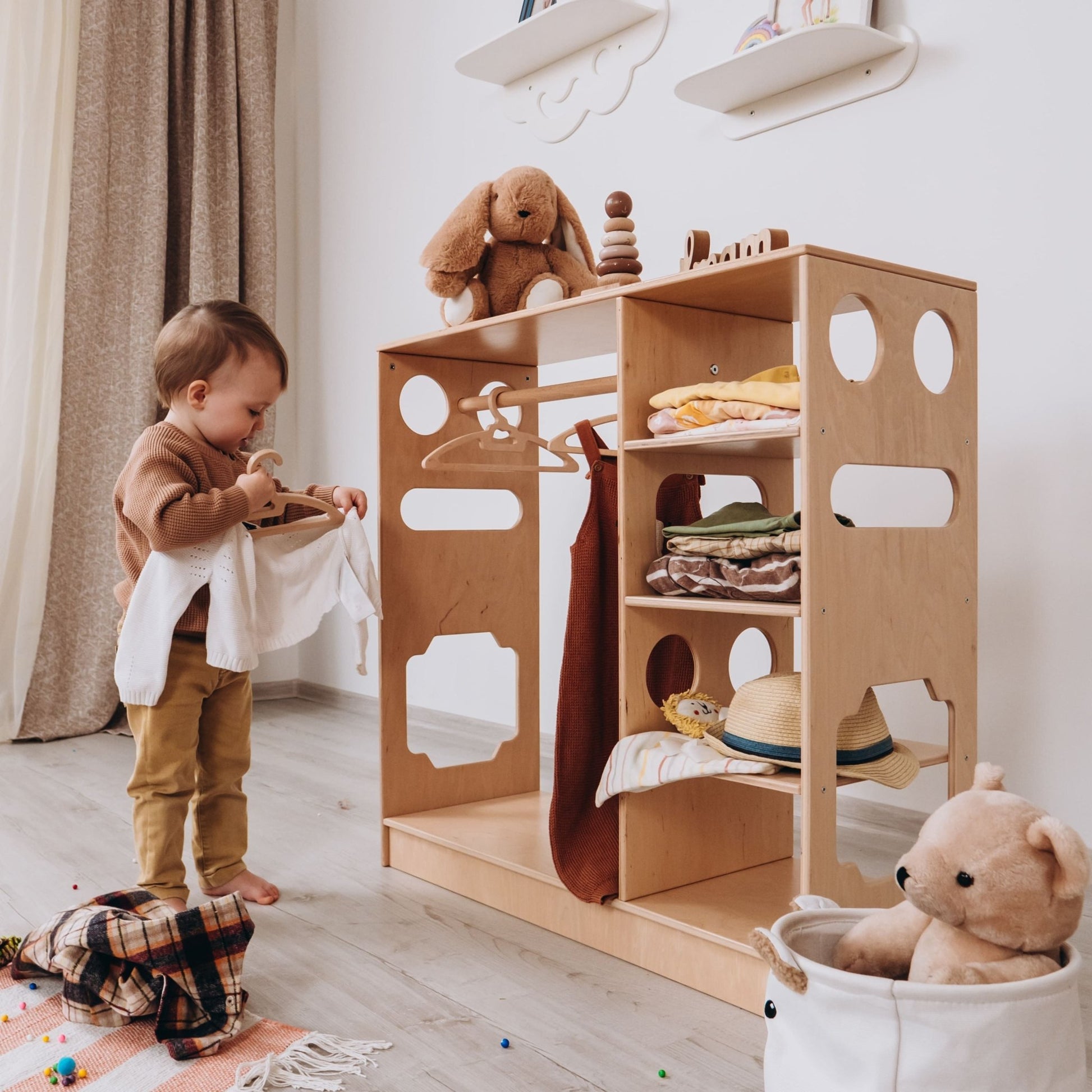 Montessori closet – 4 - shelf kids wardrobe with clothing rack - The Nurturing Nook